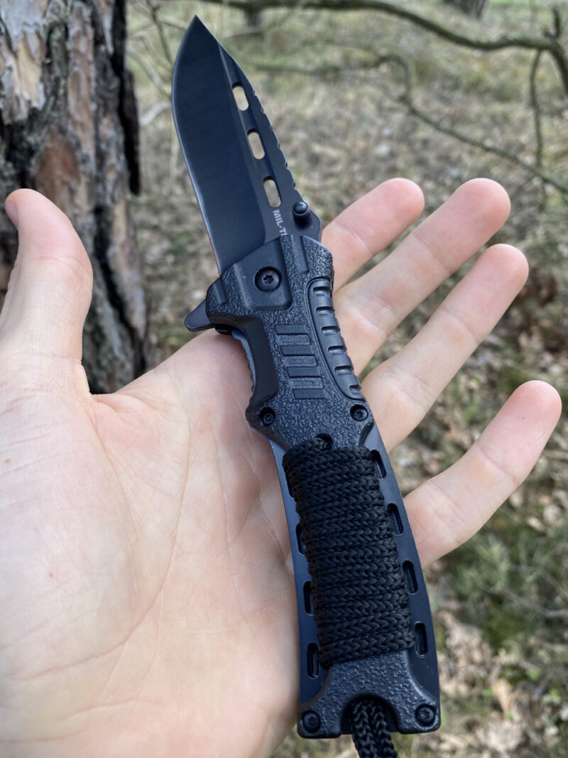 Nóż Składany Linka Krzesiwo Gwizdek CZARNY Mil-Tec