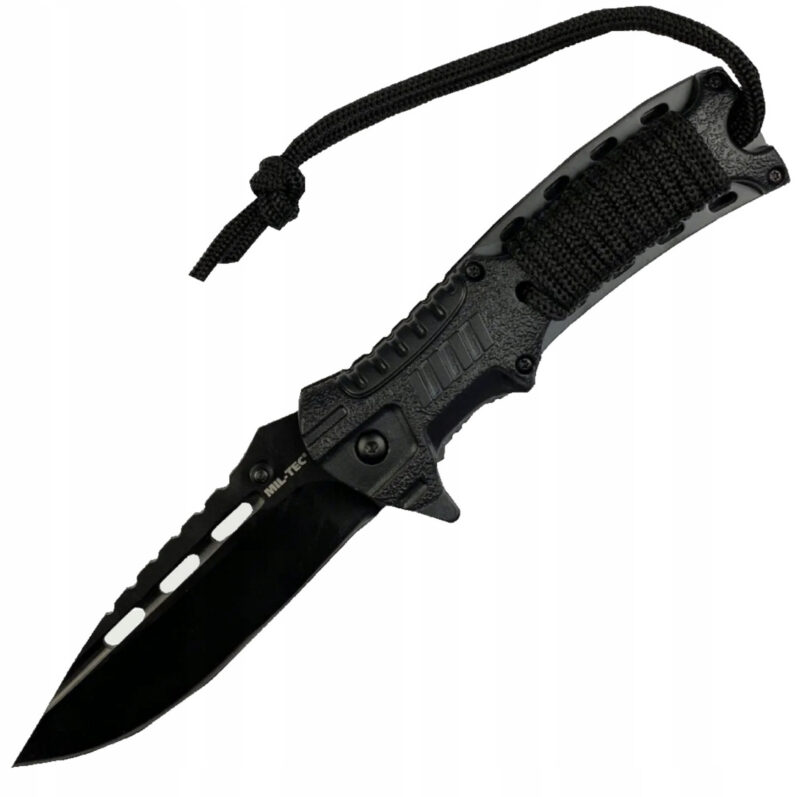 Nóż Składany Linka Krzesiwo Gwizdek CZARNY Mil-Tec